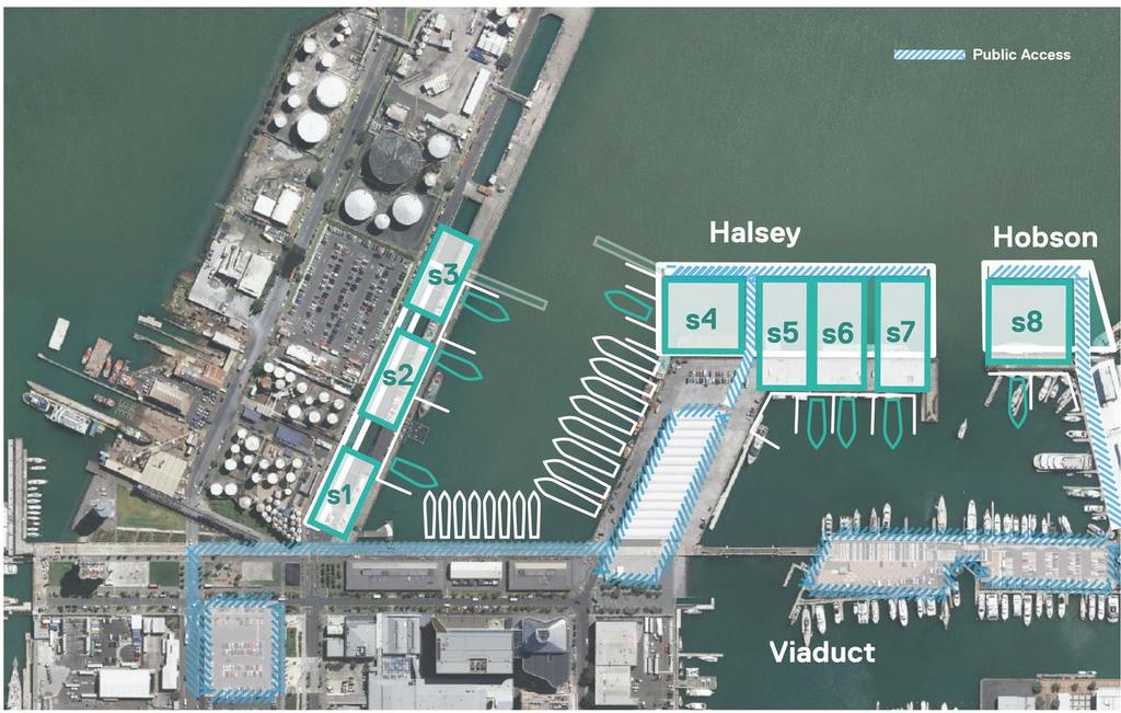 Wynyard Basin - the preferred option. It involves the closing of half of Brigham Street and for bases to be built across the closed street and hard against the silos. ETNZ is expected to take Site 8. - photo © Auckland Council <a target=